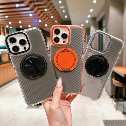 For iPhone 15 Pro Max Dual-Color Carbon Fiber Texture Rotation Holder Magnetic Phone Case - Gray - EDA009807905C