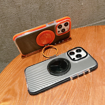 For iPhone 15 Pro Max Dual-Color Carbon Fiber Texture Rotation Holder Magnetic Phone Case - Gray - EDA009807905C