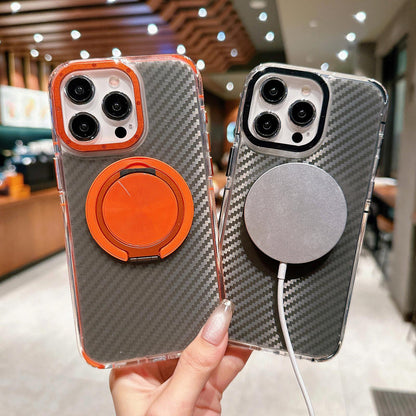 For iPhone 15 Pro Max Dual-Color Carbon Fiber Texture Rotation Holder Magnetic Phone Case - Gray - EDA009807905C