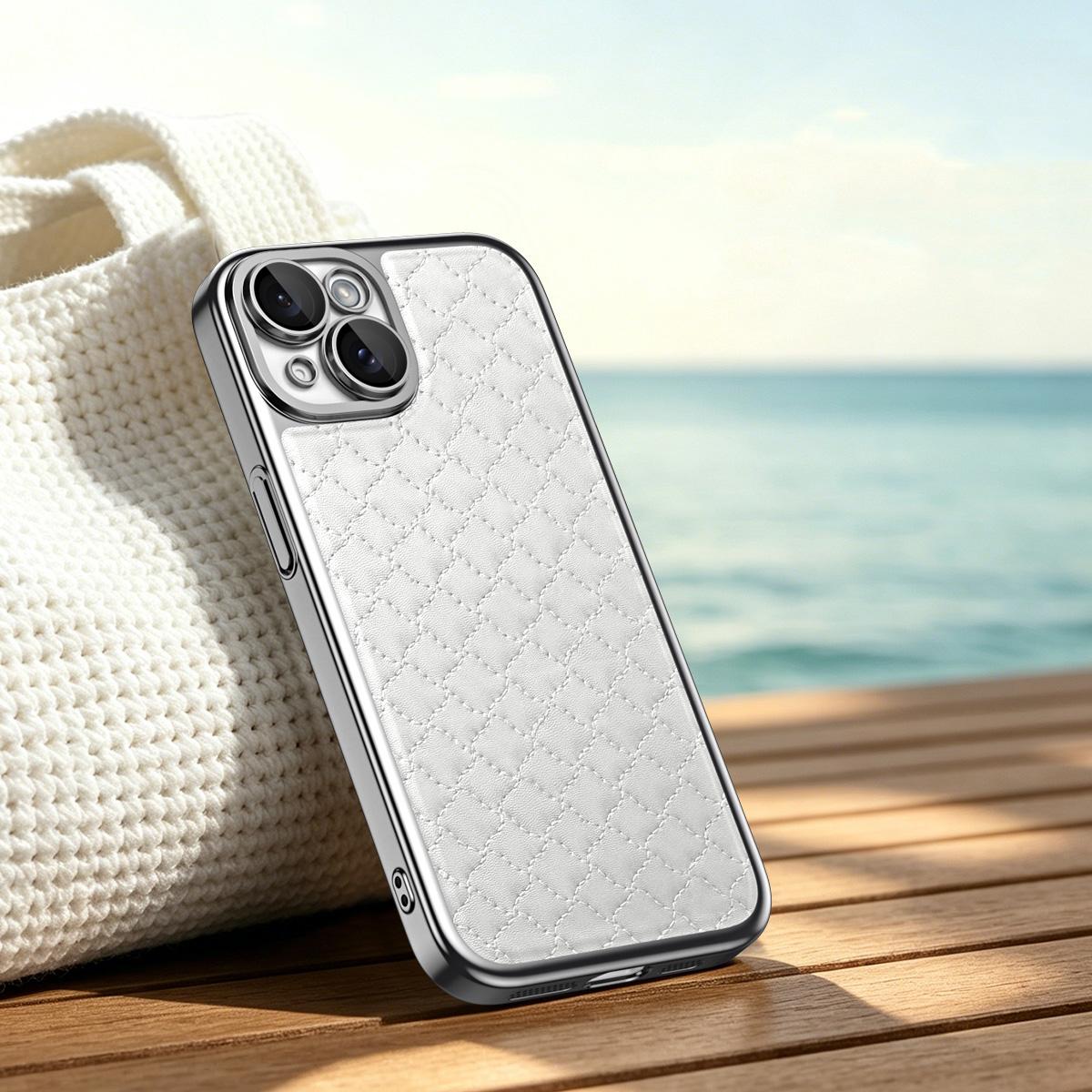 For iPhone 15 Rhombus Texture Magnetic Vegan Leather Phone Case - White - EDA009808104A
