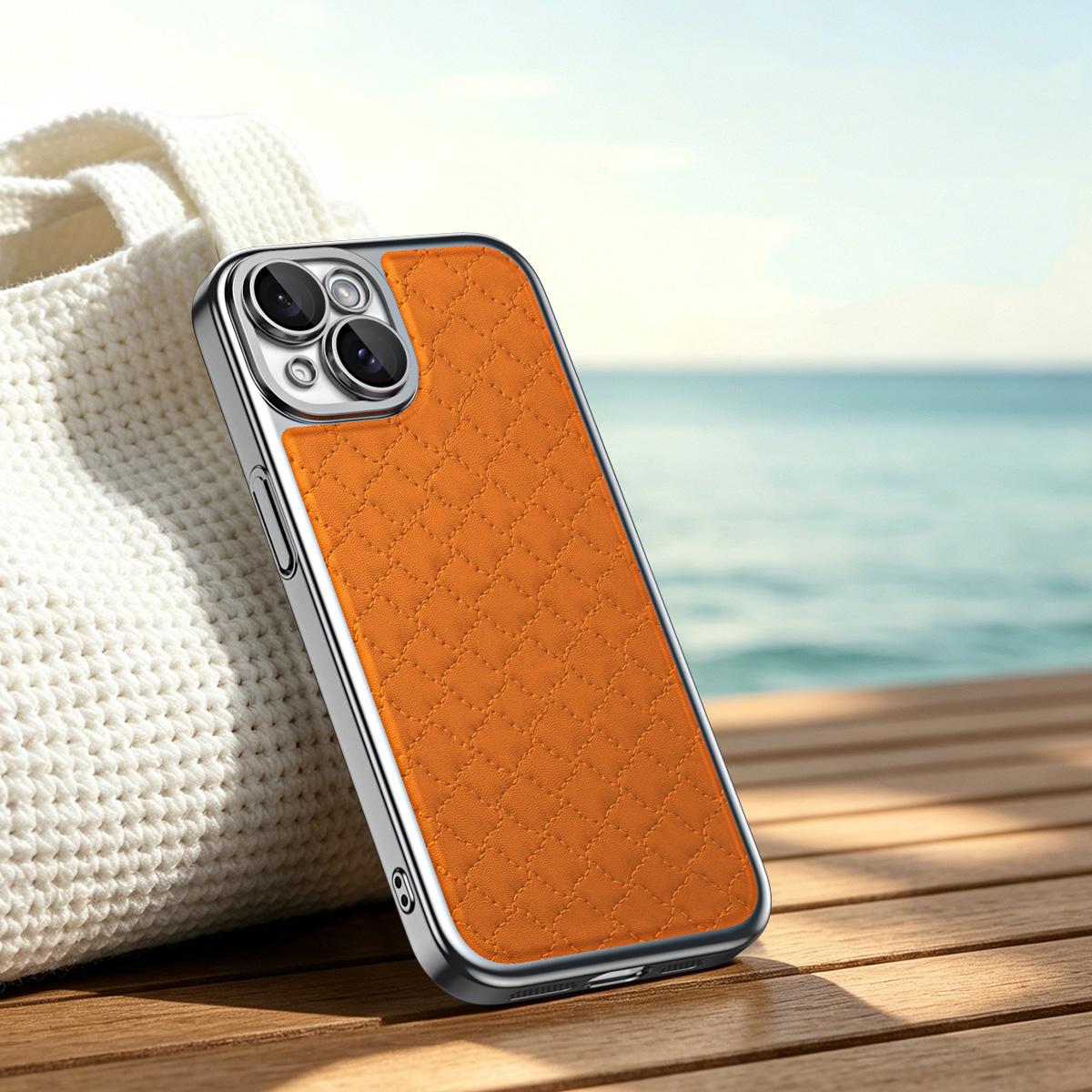 For iPhone 15 Rhombus Texture Magnetic Vegan Leather Phone Case - Orange - EDA009808104D