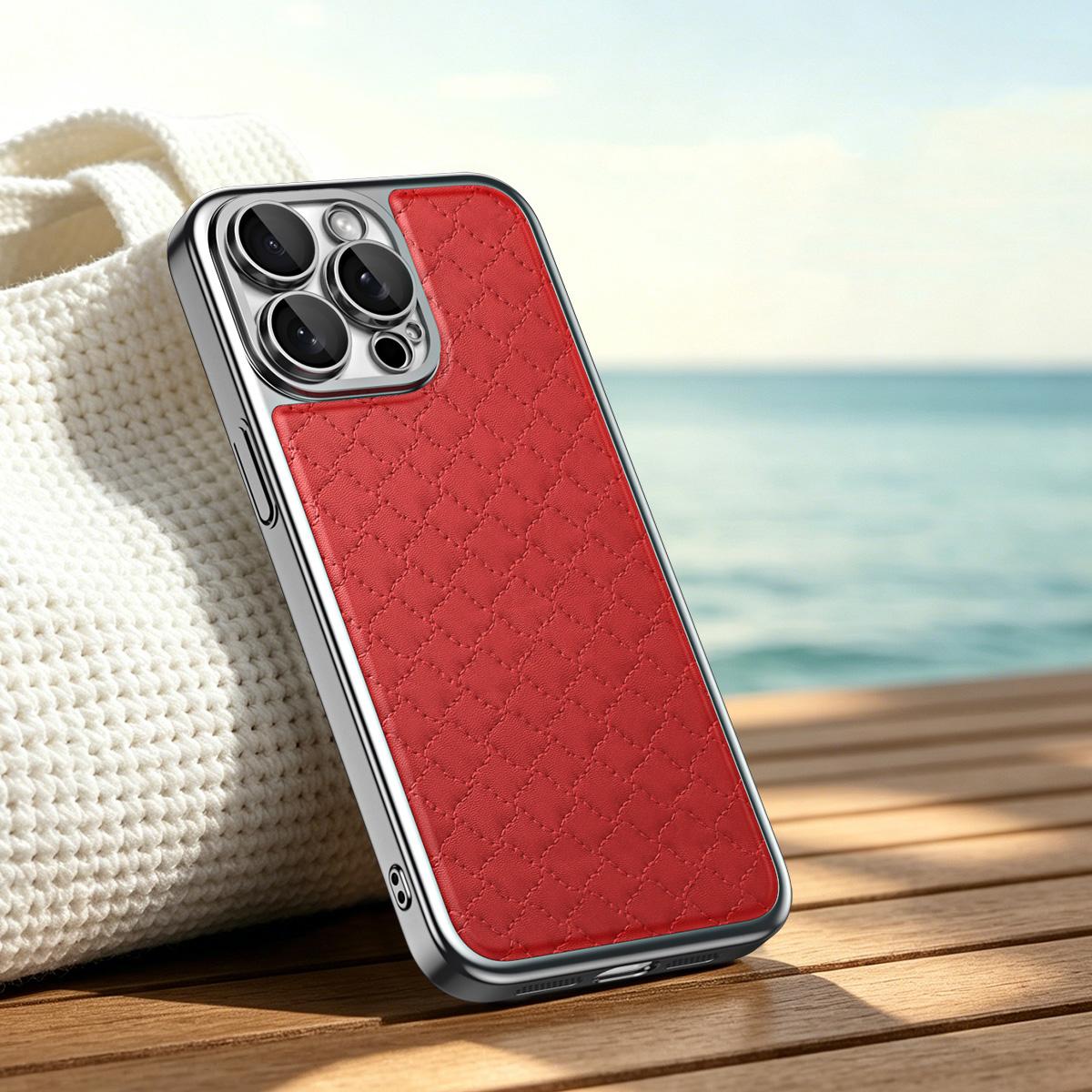 For iPhone 15 Pro Max Rhombus Texture Magnetic Vegan Leather Phone Case - Red - EDA009808106C