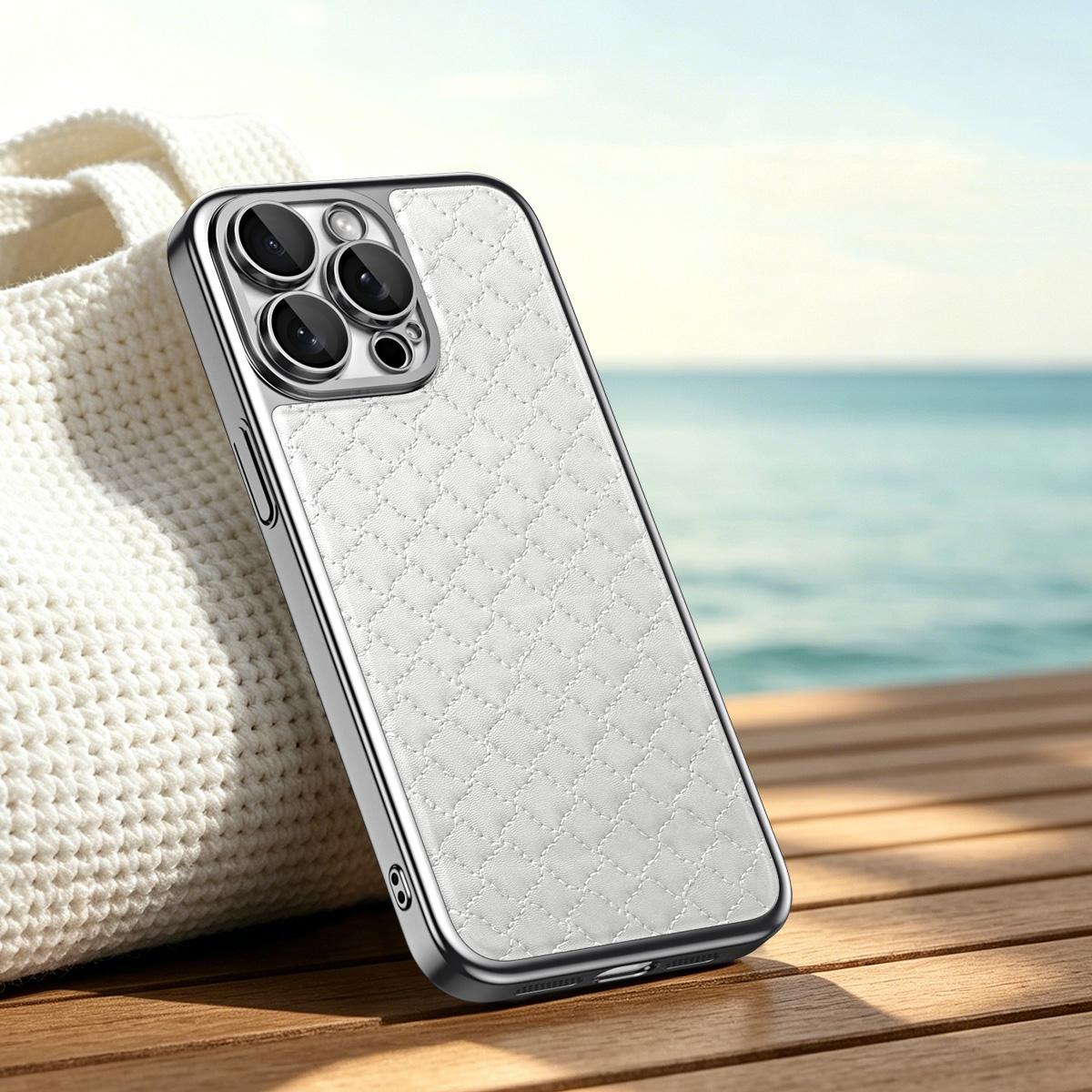 For iPhone 16 Pro Rhombus Texture Magnetic Vegan Leather Phone Case - White - EDA009808108A