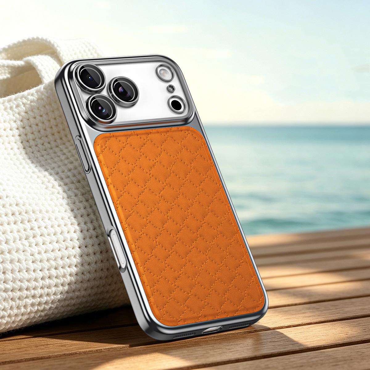 For iPhone 17 Pro Max Rhombus Texture Magnetic Vegan Leather Phone Case - Orange - EDA009808112D