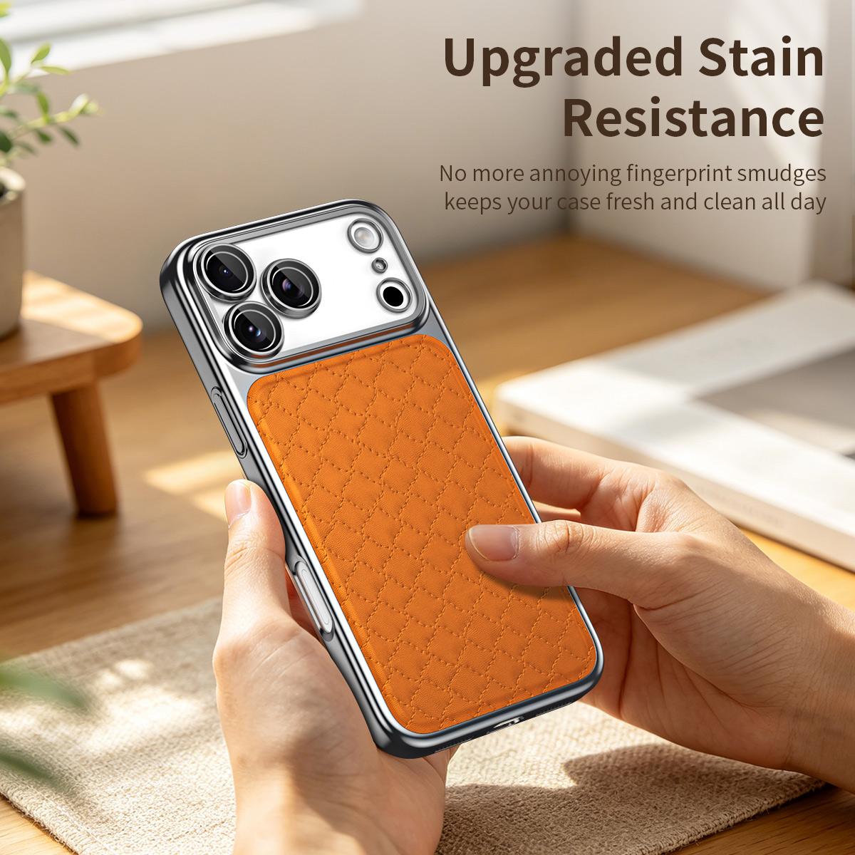 For iPhone 14 Rhombus Texture Magnetic Vegan Leather Phone Case - Orange - EDA009808101D