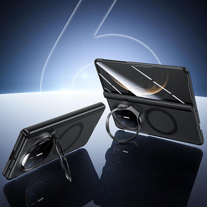 For Huawei Mate X6 Transparent Lens Holder Hinge Integrated Film Magnetic Ring Phone Case - Black - EDA009809401A