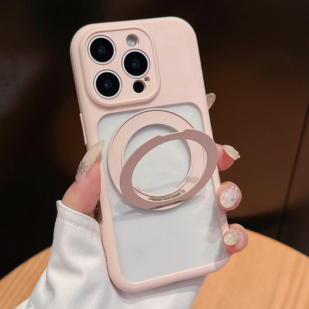For iPhone 15 Pro Dopamine Rotation Pivot Holder Phone Case - Pink - EDA009814706D