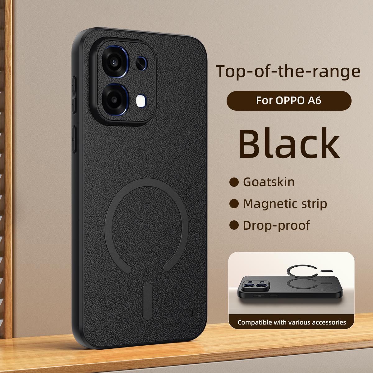 For OPPO A6 5G Goatskin Vegan Leather Magnetic Phone Case - Black - EDA009816501B