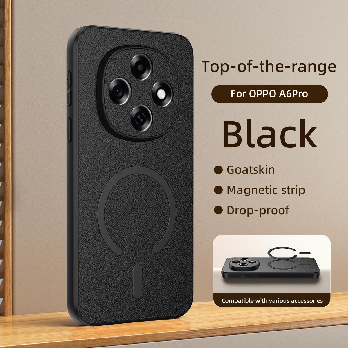 For OPPO A6 Pro 5G Global CPH2781 Goatskin Vegan Leather Magnetic Phone Case - Black - EDA009816502B