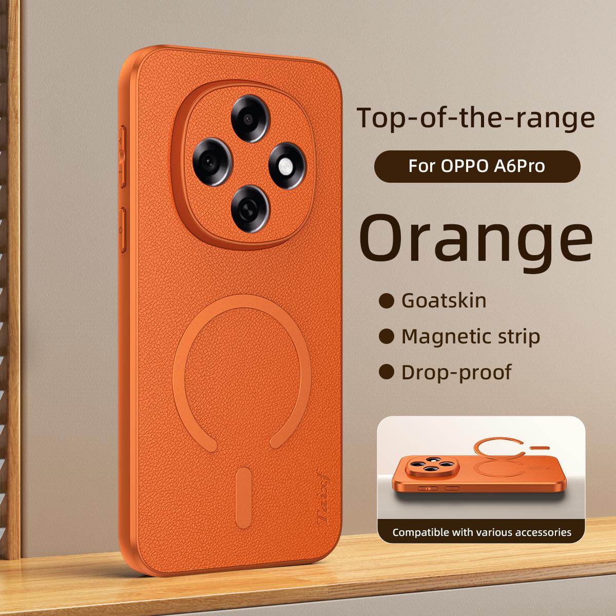 For OPPO A6 Pro 5G Global CPH2781 Goatskin Vegan Leather Magnetic Phone Case - Orange - EDA009816502C