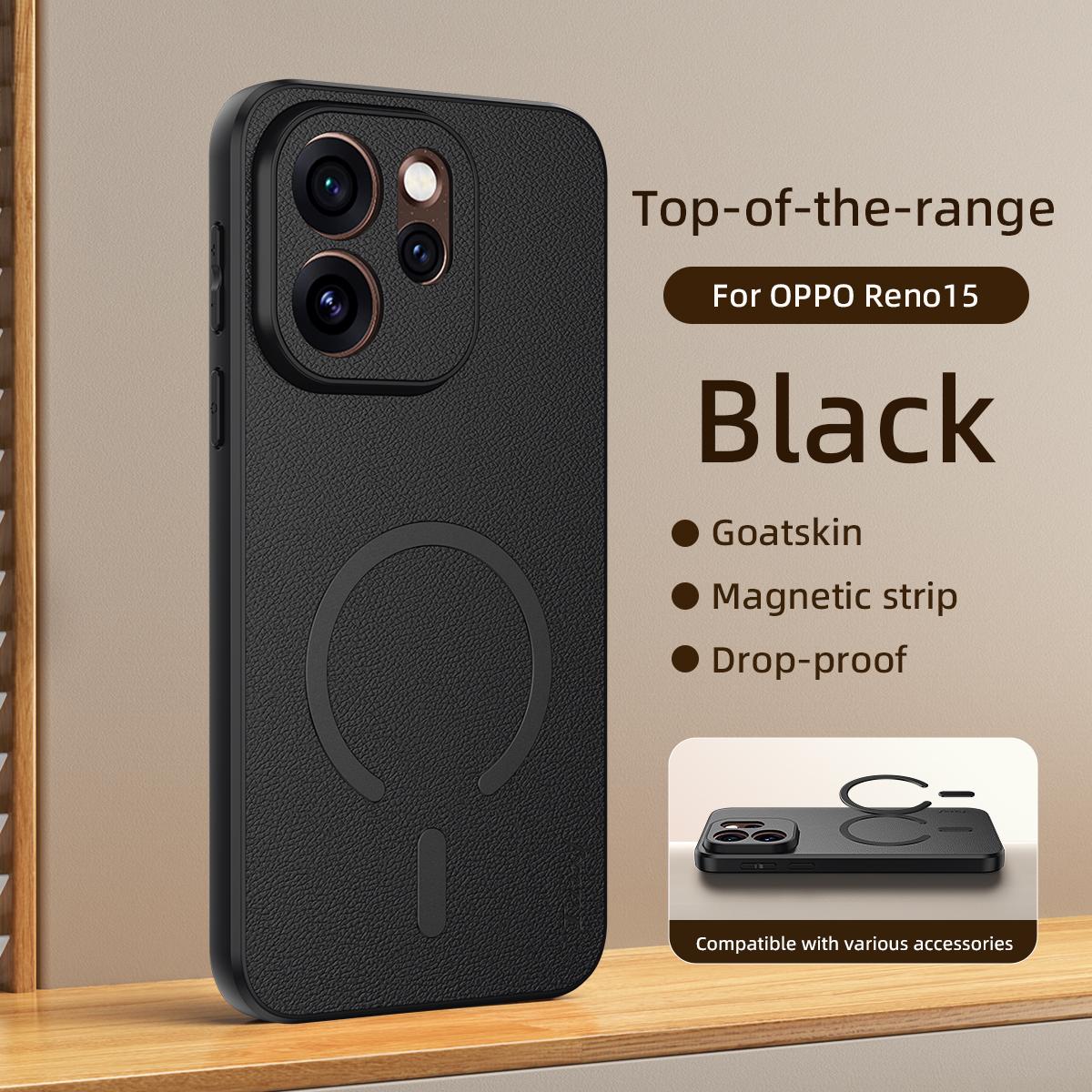 For OPPO Reno15 5G Global Goatskin Vegan Leather Magnetic Phone Case - Black - EDA009816508B