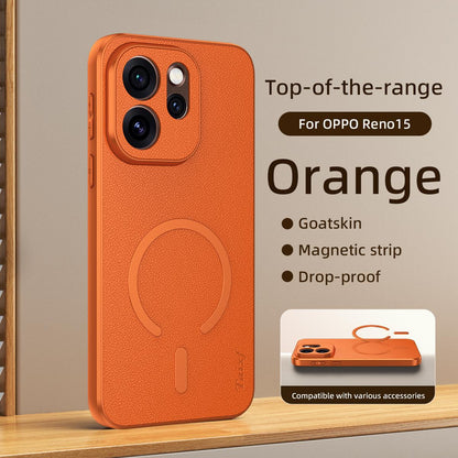 For OPPO Reno15 5G Global Goatskin Vegan Leather Magnetic Phone Case - Orange - EDA009816508C