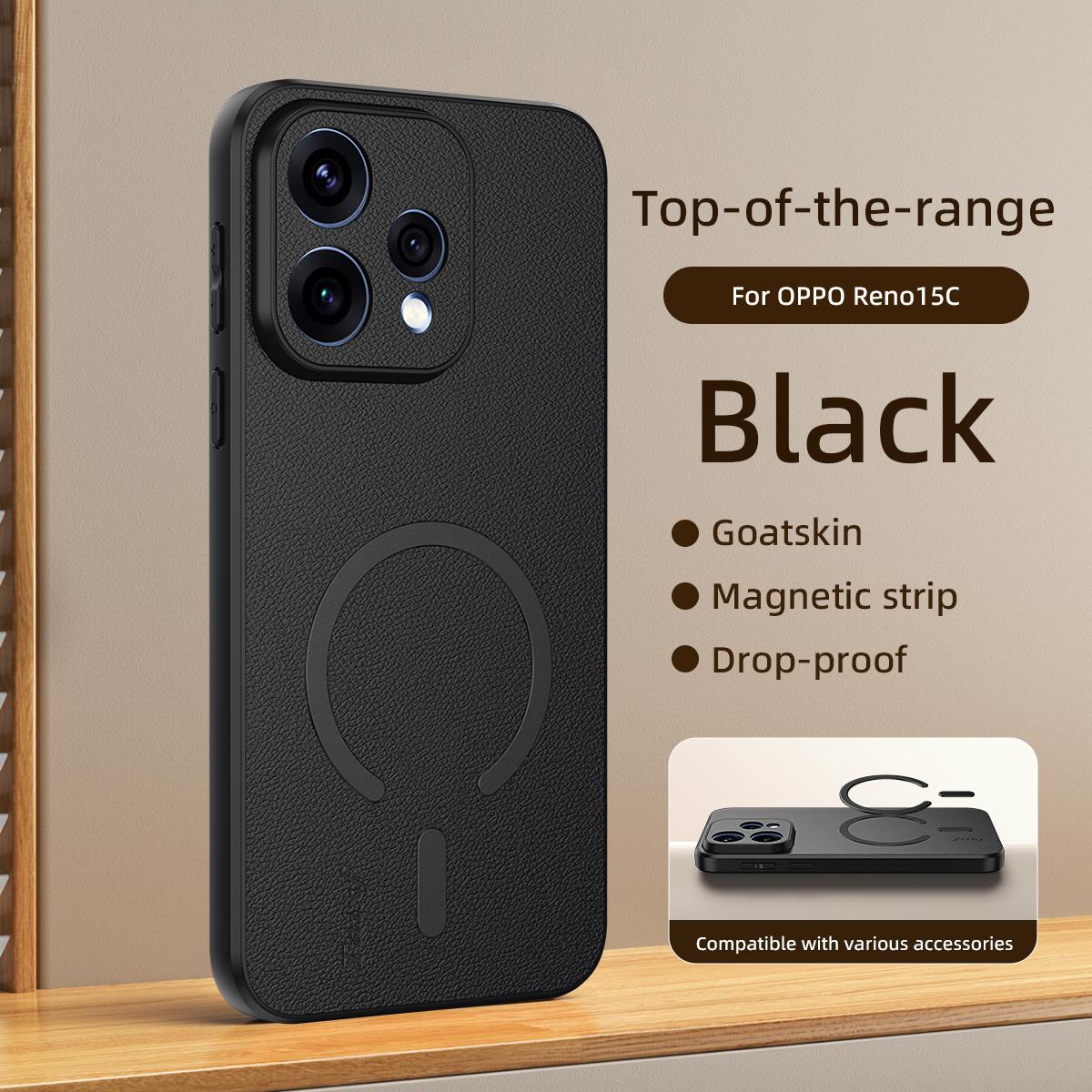 For OPPO Reno 15c 5G Goatskin Vegan Leather Magnetic Phone Case - Black - EDA009816509B