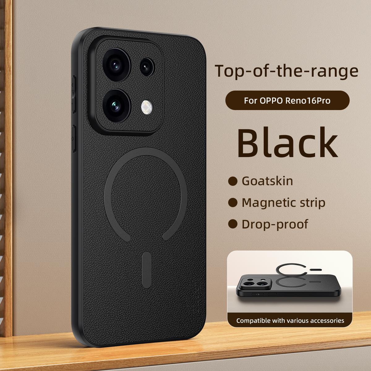 For OPPO Reno16 Pro 5G Global Goatskin Vegan Leather Magnetic Phone Case - Black - EDA009816511B