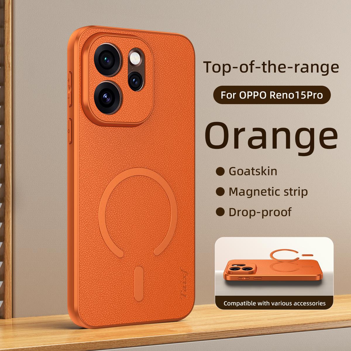 For OPPO Reno15 Pro 5G Global Goatskin Vegan Leather Magnetic Phone Case - Orange - EDA009816512C
