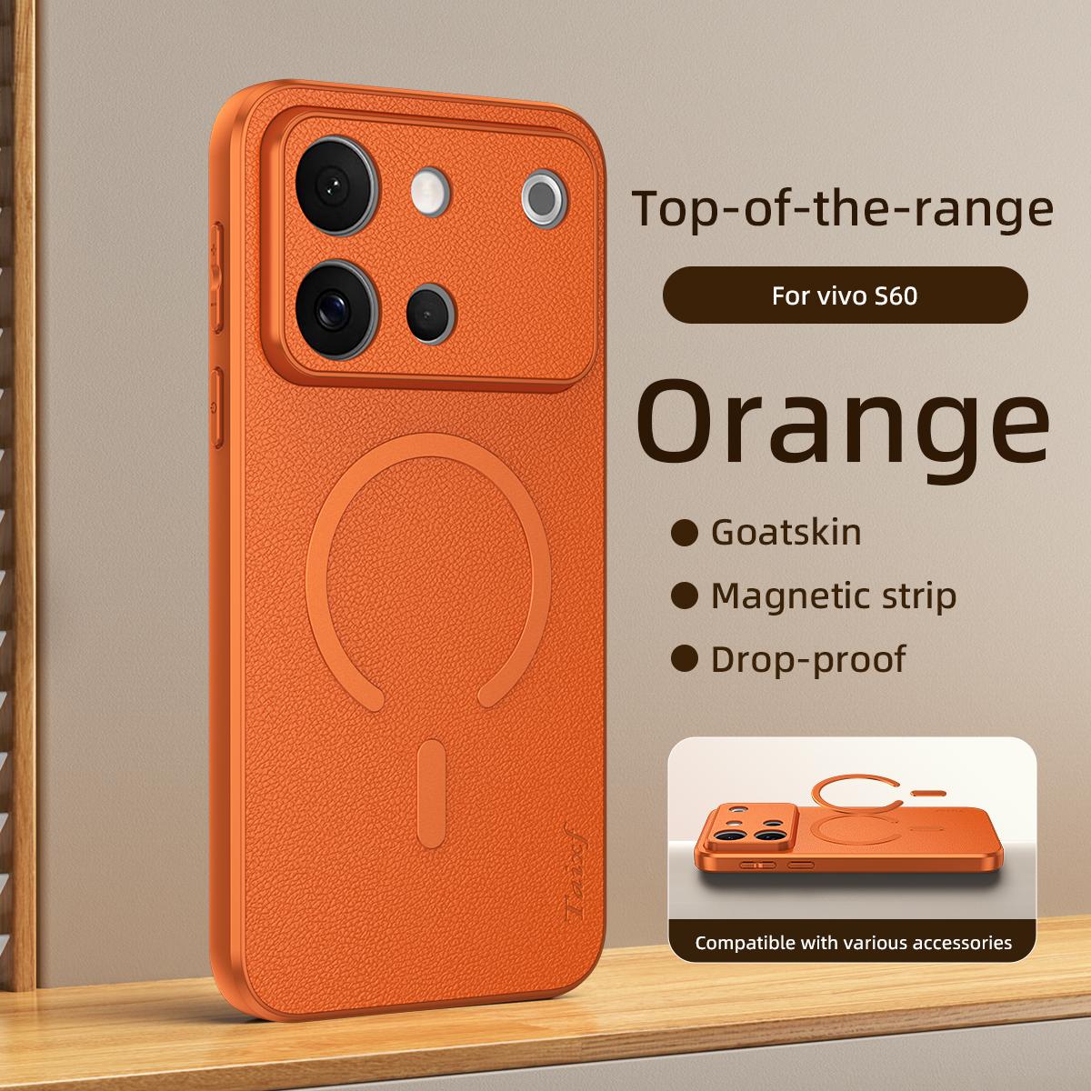 For vivo S60 5G Goatskin Vegan Leather Magnetic Phone Case - Orange - EDA009817301A