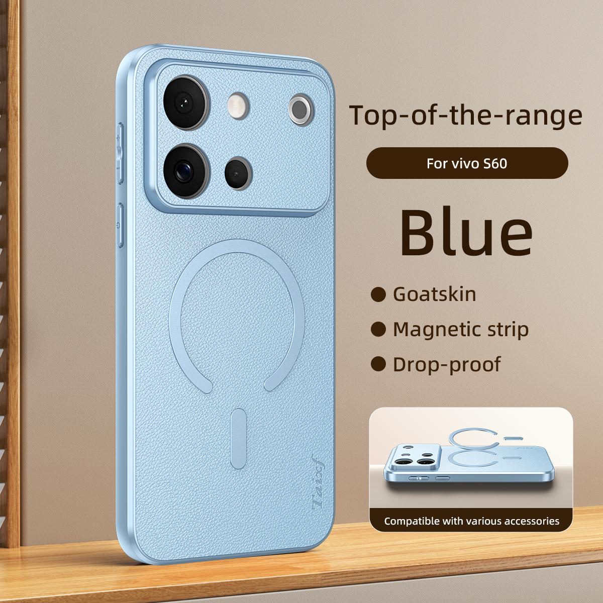 For vivo S60 5G Goatskin Vegan Leather Magnetic Phone Case - Blue - EDA009817301C