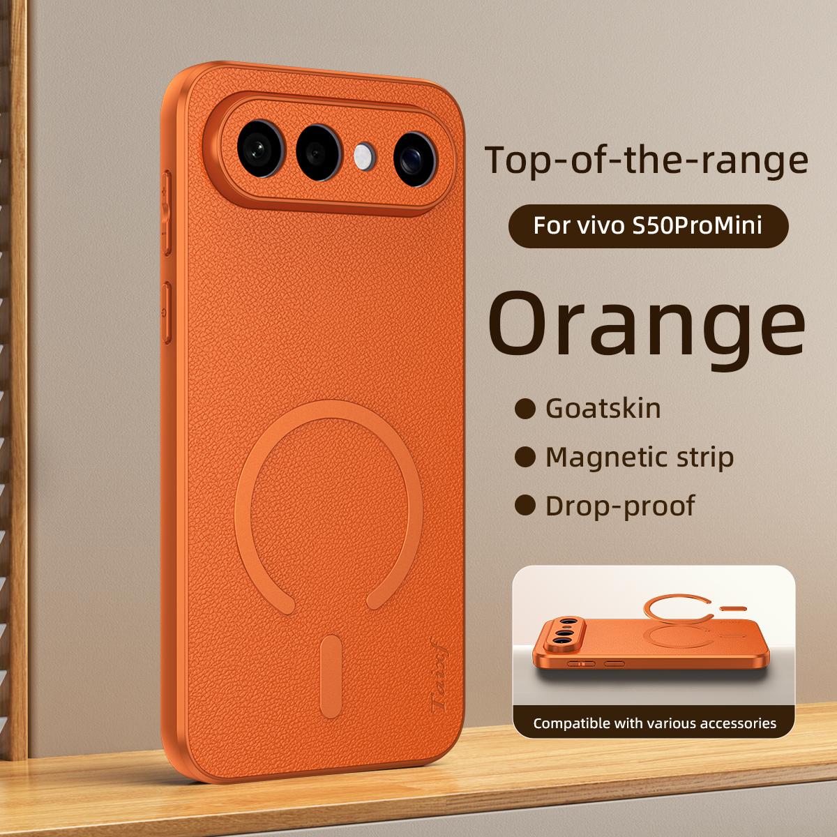 For vivo S50 Pro mini 5G Goatskin Vegan Leather Magnetic Phone Case - Orange - EDA009817303A