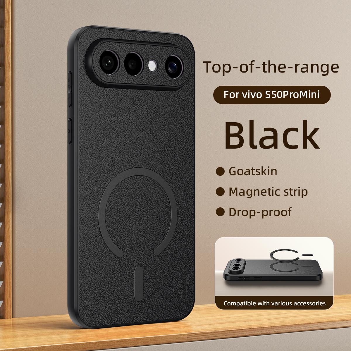 For vivo S50 Pro mini 5G Goatskin Vegan Leather Magnetic Phone Case - Black - EDA009817303B