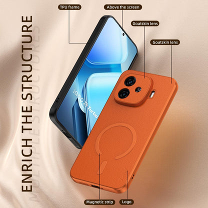 For vivo iQOO Z9 Turbo Goatskin Vegan Leather Magnetic Phone Case - Orange - EDA009817306A