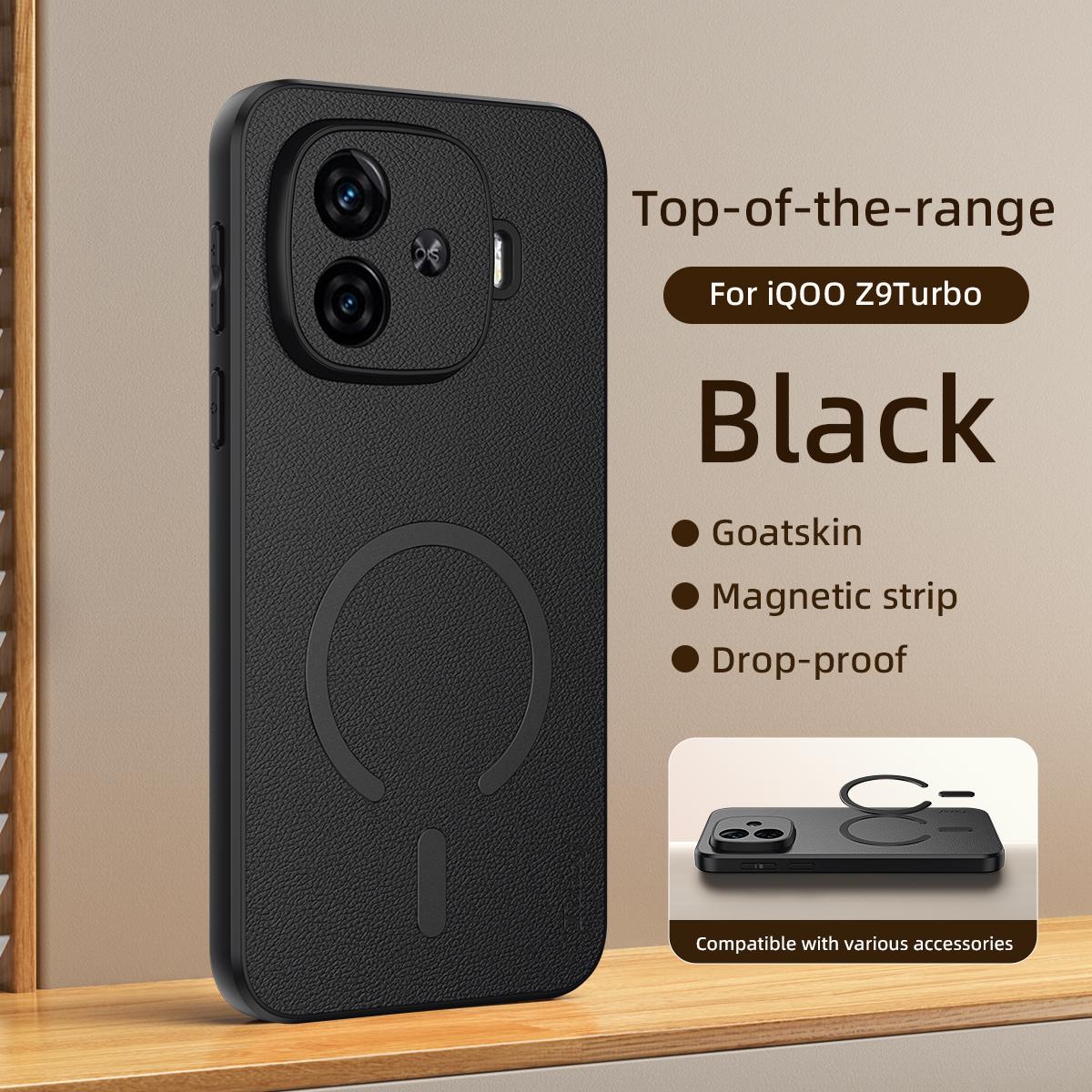 For vivo iQOO Z9 Turbo Goatskin Vegan Leather Magnetic Phone Case - Black - EDA009817306B