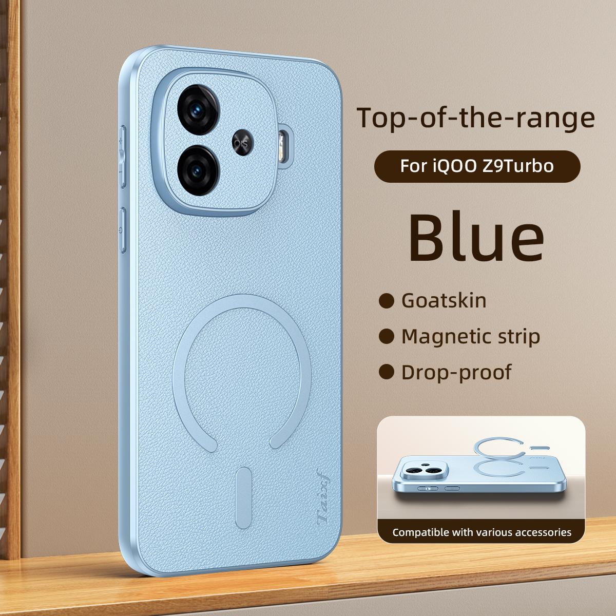 For vivo iQOO Z9 Turbo Goatskin Vegan Leather Magnetic Phone Case - Blue - EDA009817306C