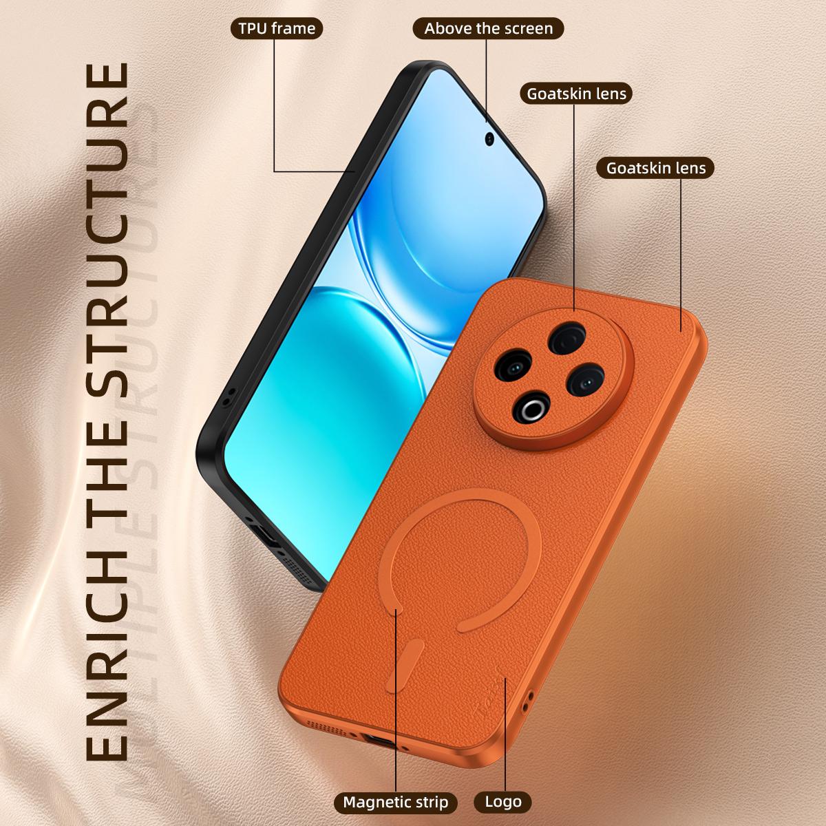 For vivo Y500 5G Goatskin Vegan Leather Magnetic Phone Case - Orange - EDA009817307A