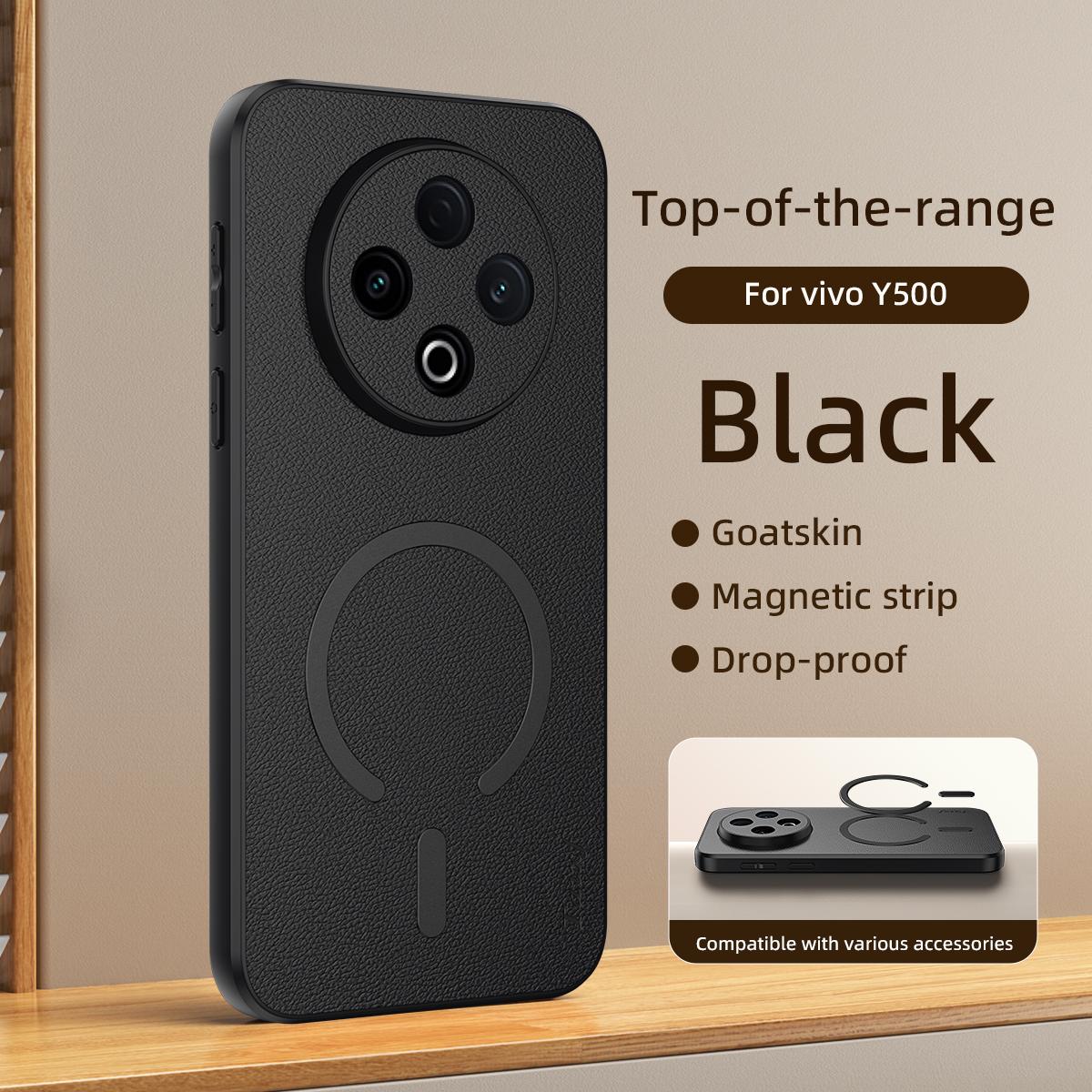 For vivo Y500 5G Goatskin Vegan Leather Magnetic Phone Case - Black - EDA009817307B