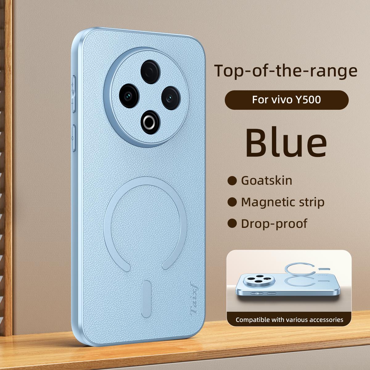 For vivo Y500 5G Goatskin Vegan Leather Magnetic Phone Case - Blue - EDA009817307C