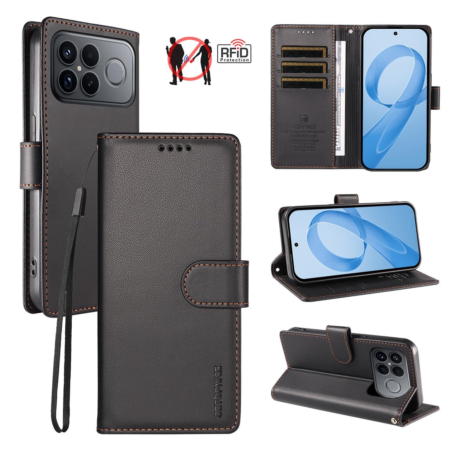 For Redmi K90 Pro Max / Poco F8 Ultra 5G BETOPNICE Pearlescent RFID Vegan Leather Phone Case with Strap(Black)