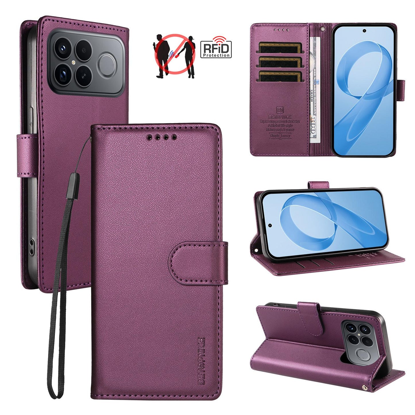 For Redmi K90 Pro Max / Poco F8 Ultra 5G BETOPNICE Pearlescent RFID Vegan Leather Phone Case with Strap(Purple)