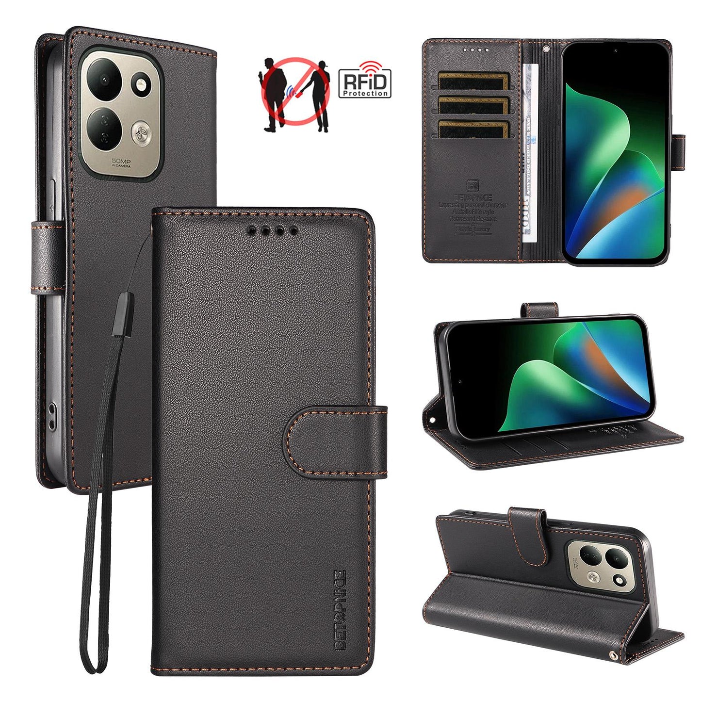 For Redmi 17 5G / 4G Global 170mm BETOPNICE Pearlescent RFID Vegan Leather Phone Case with Strap(Black)