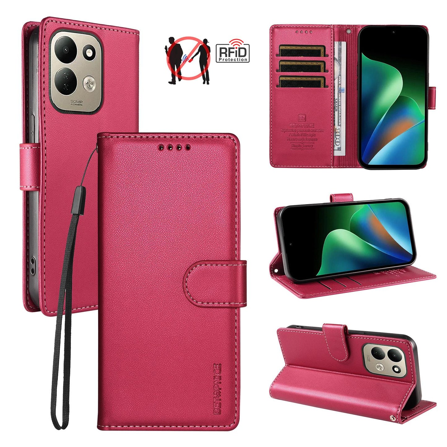 For Redmi 17 5G / 4G Global 170mm BETOPNICE Pearlescent RFID Vegan Leather Phone Case with Strap(Red)