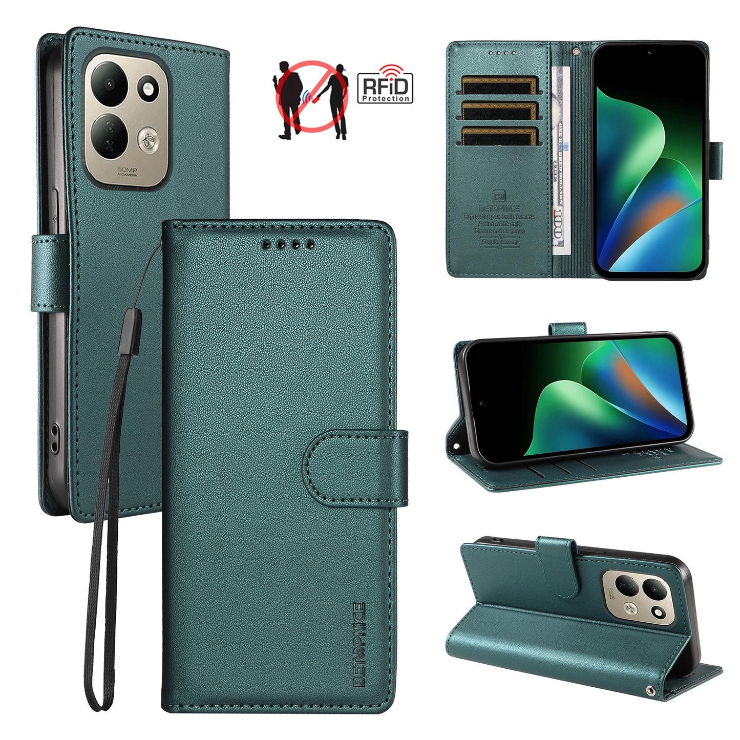 For Redmi 17 5G / 4G Global 170mm BETOPNICE Pearlescent RFID Vegan Leather Phone Case with Strap(Green)