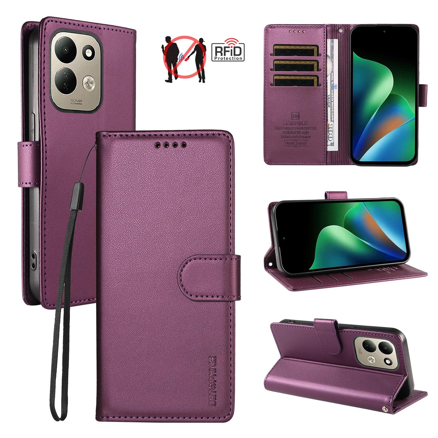 For Redmi 17 5G / 4G Global 170mm BETOPNICE Pearlescent RFID Vegan Leather Phone Case with Strap(Purple)