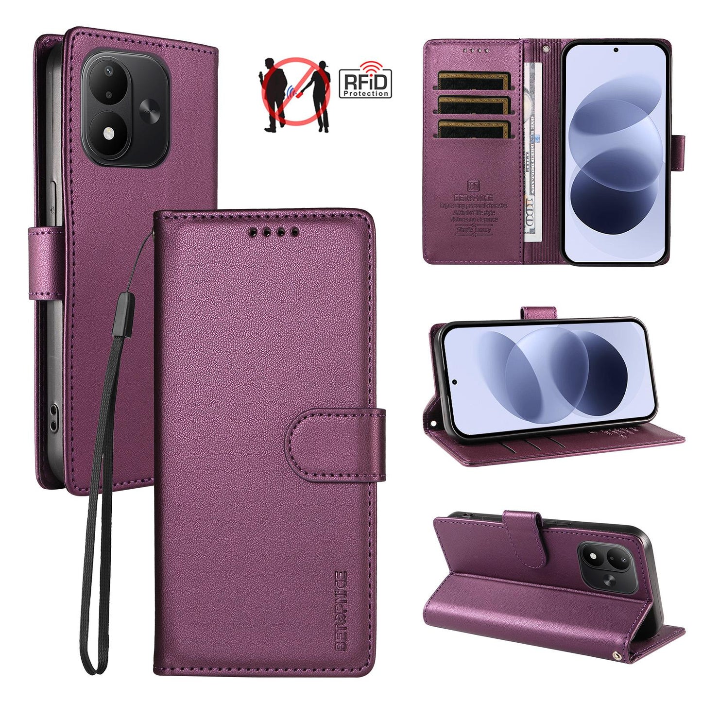 For Redmi Note 17 5G / 4G Global 171mm BETOPNICE Pearlescent RFID Vegan Leather Phone Case with Strap(Purple)