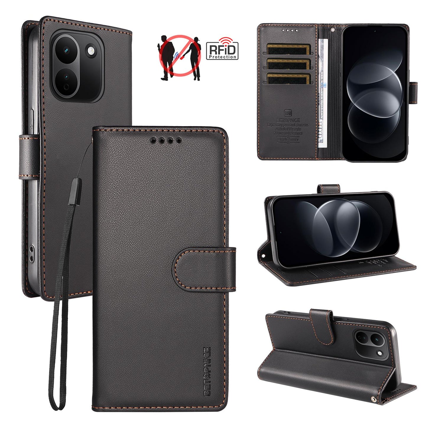 For Redmi Note 17 Pro+ 5G Global 163mm BETOPNICE Pearlescent RFID Vegan Leather Phone Case with Strap(Black)