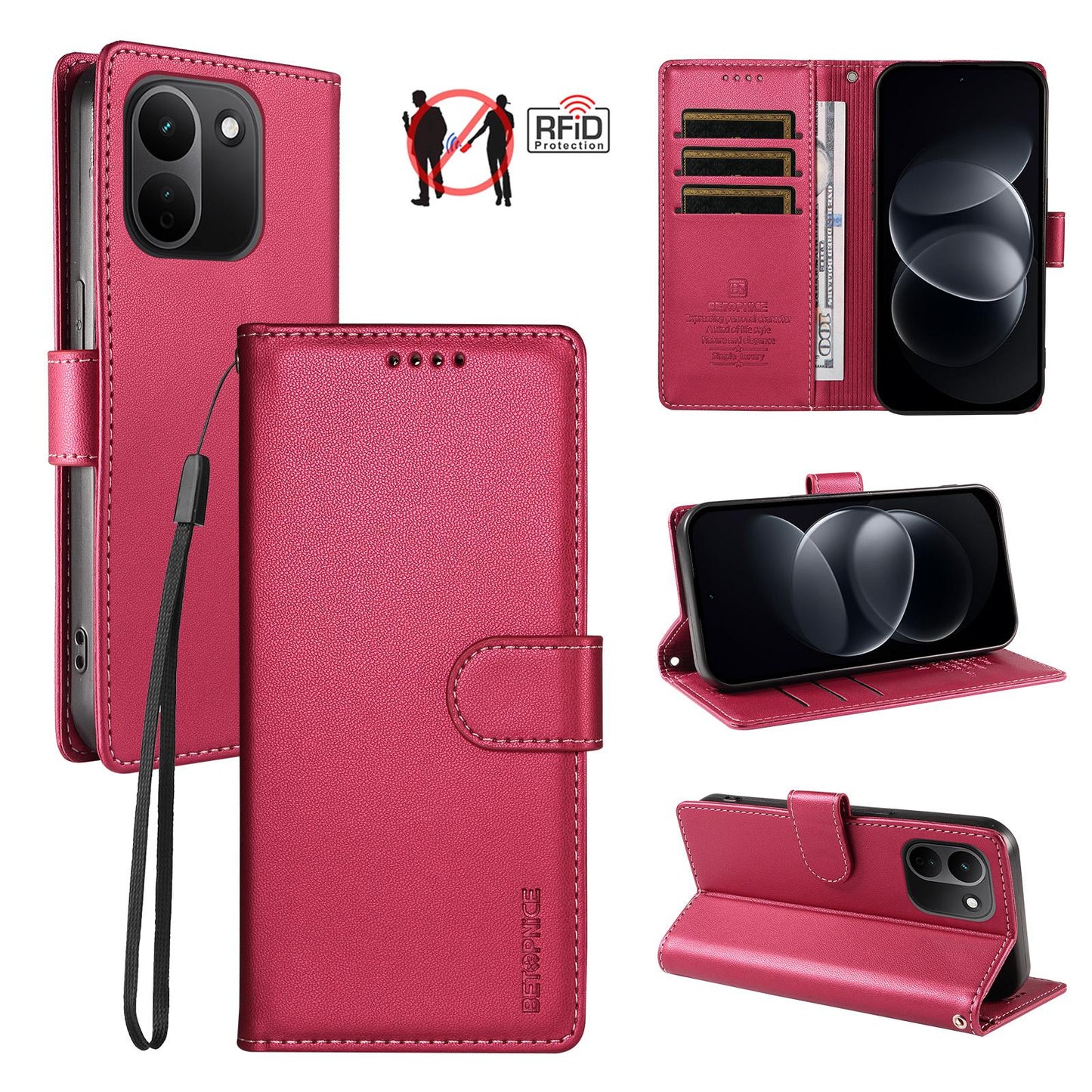 For Redmi Note 17 Pro+ 5G Global 163mm BETOPNICE Pearlescent RFID Vegan Leather Phone Case with Strap(Red)
