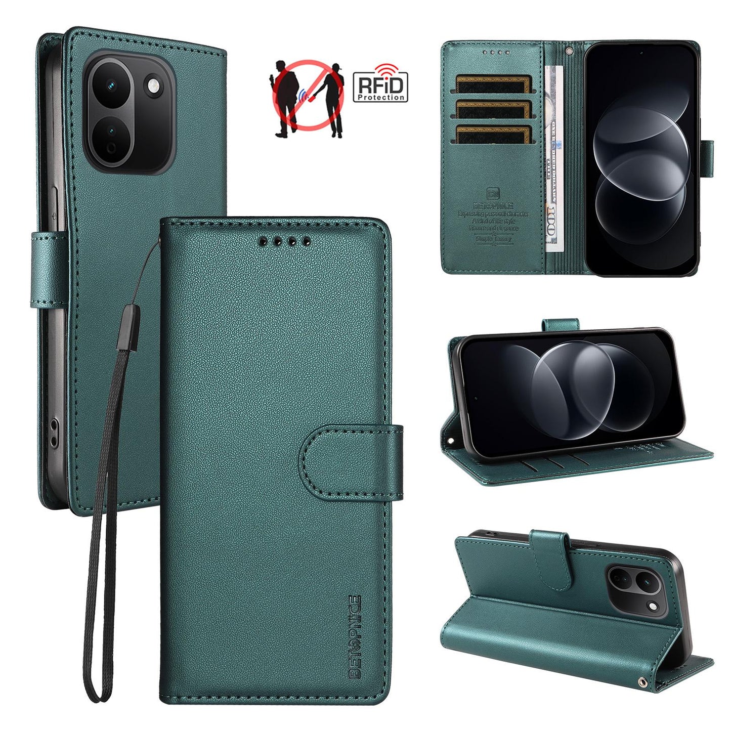 For Redmi Note 17 Pro+ 5G Global 163mm BETOPNICE Pearlescent RFID Vegan Leather Phone Case with Strap(Green)