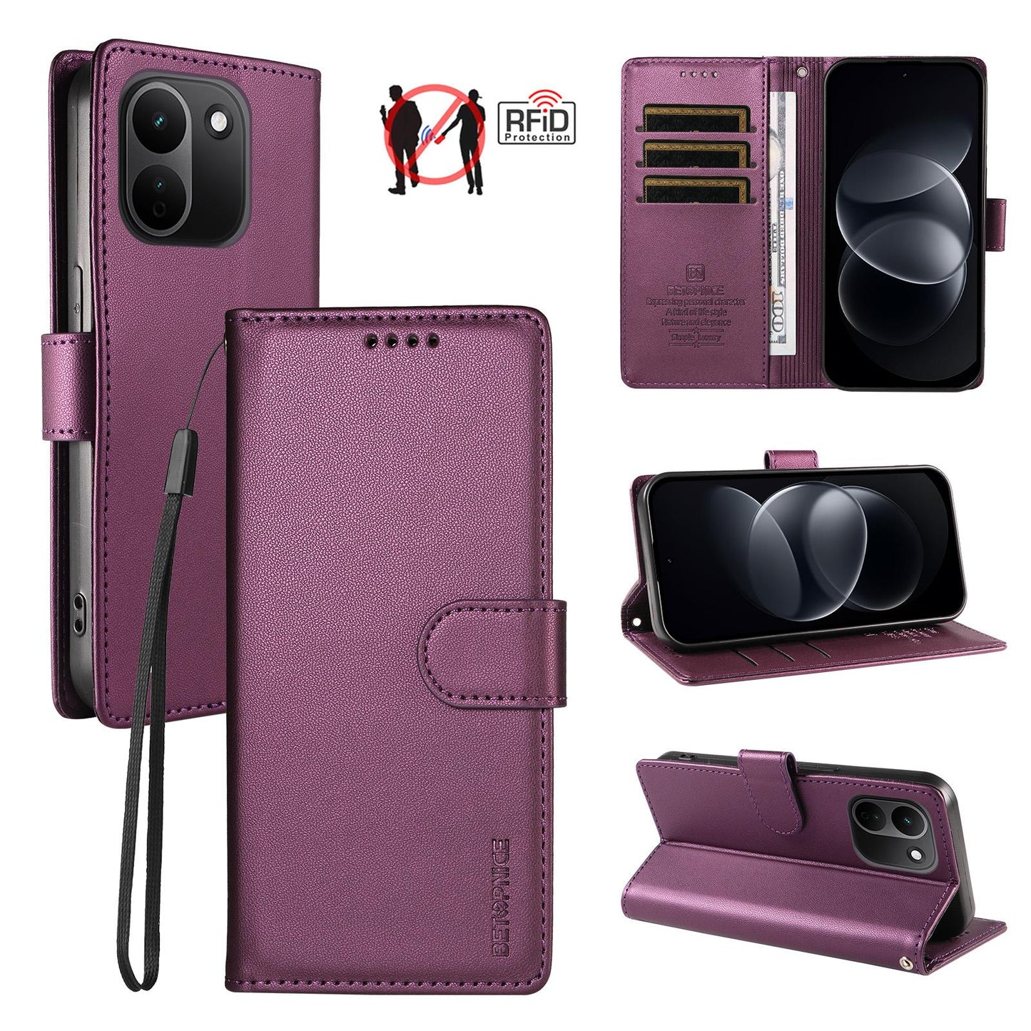 For Redmi Note 17 Pro+ 5G Global 163mm BETOPNICE Pearlescent RFID Vegan Leather Phone Case with Strap(Purple)