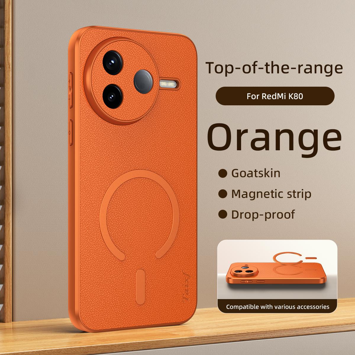 For Redmi K80 Goatskin Vegan Leather Magnetic Phone Case - Orange - EDA009820001A