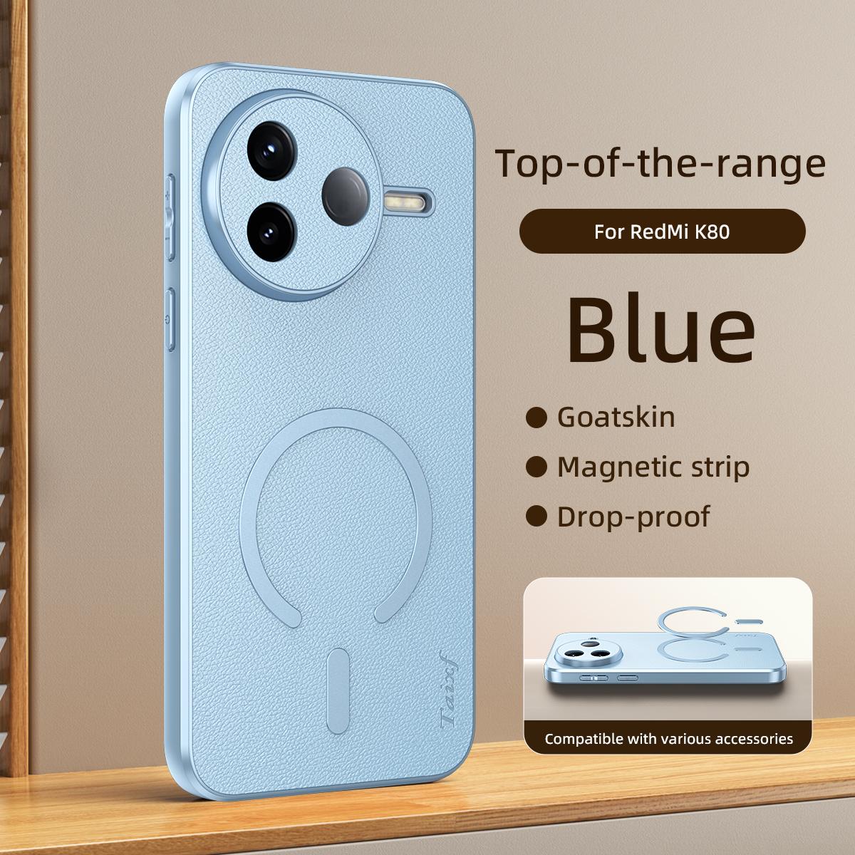 For Redmi K80 Goatskin Vegan Leather Magnetic Phone Case - Blue - EDA009820001C