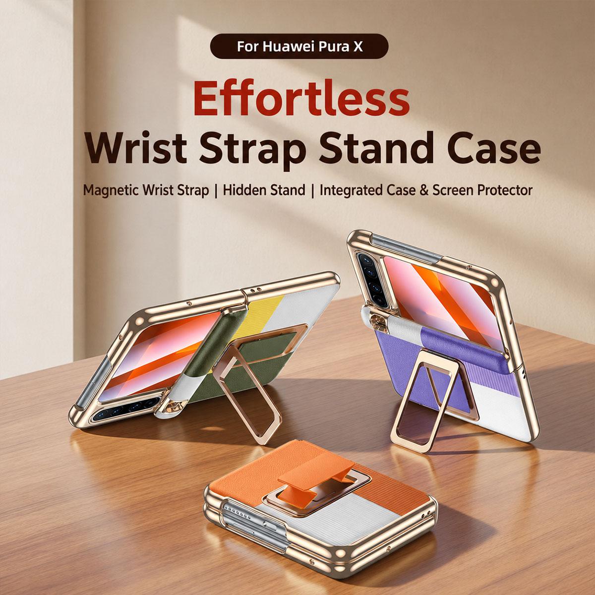 For Huawei Pura X Wristband Holder Integrated Film Vegan Leather Phone Case - Orange - EDA009821802A