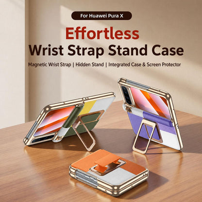 For Huawei Pura X Wristband Holder Integrated Film Vegan Leather Phone Case - Red - EDA009821802C