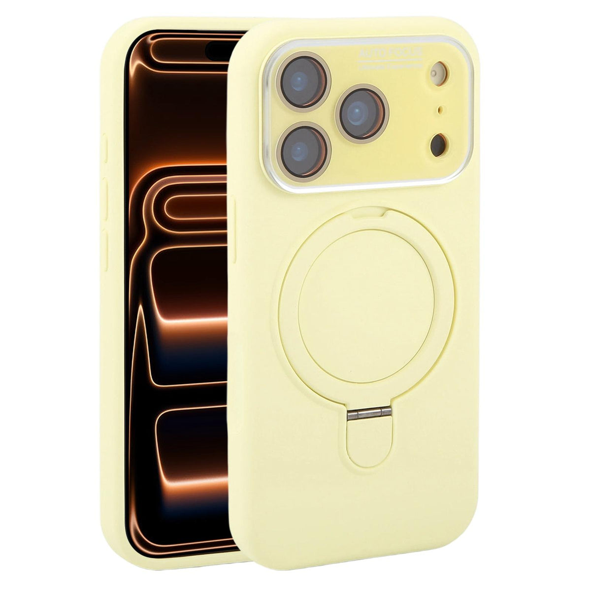 For iPhone 17 Pro Max Large Window Magnetic Holder Liquid Silicone Phone Case - Yellow - EDA009822501D