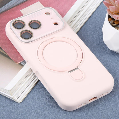 For iPhone 17 Pro Max Large Window Magnetic Holder Liquid Silicone Phone Case - Pink - EDA009822501F
