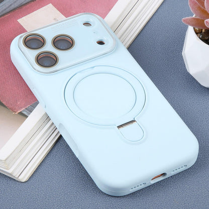 For iPhone 17 Pro Max Large Window Magnetic Holder Liquid Silicone Phone Case - Blue - EDA009822501I