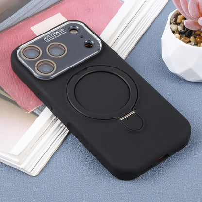 For iPhone 17 Pro Large Window Magnetic Holder Liquid Silicone Phone Case - Black - EDA009822502A