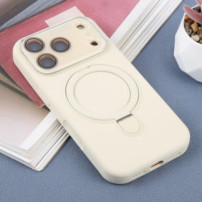 For iPhone 17 Pro Large Window Magnetic Holder Liquid Silicone Phone Case - White - EDA009822502C