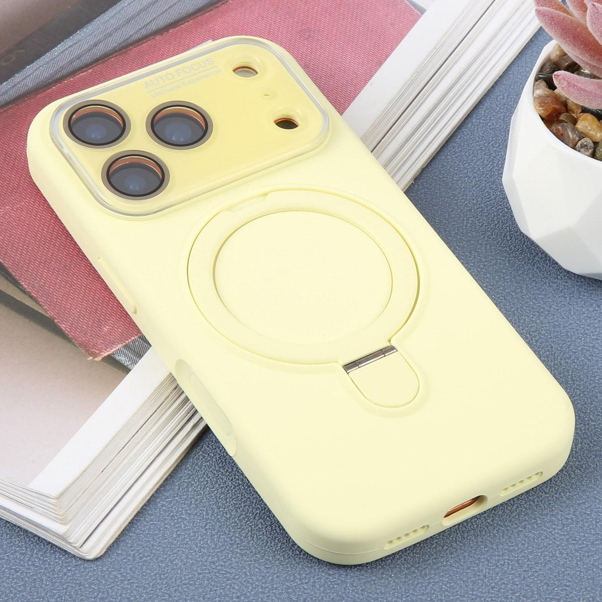For iPhone 17 Pro Large Window Magnetic Holder Liquid Silicone Phone Case - Yellow - EDA009822502D